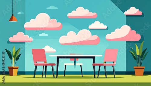 A room with chairs, a table, plants, and fluffy pink clouds on a turquoise blue wall