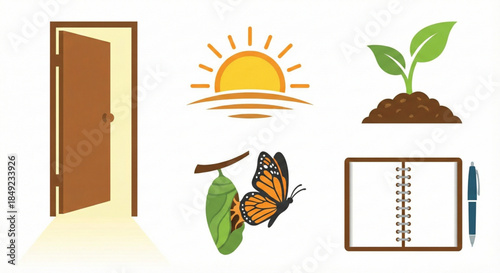 Conceptual Collection of Icons Symbolizing Growth, New Beginnings, and Transformation with a Notebook for Recording Ideas and Journeys