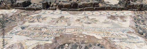 Mosaic floor of the bathhouse area at Beit She'an in Israel.
