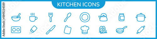 Kitchen and cooking line icons set in black, blue and light blue colors. Includes food, cookware and utensil symbols for UI UX, apps, recipes, menus and restaurant design