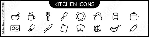 Kitchen and cooking line icons set in black, blue and light blue colors. Includes food, cookware and utensil symbols for UI UX, apps, recipes, menus and restaurant design