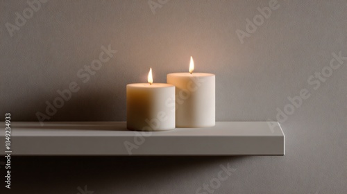 Wallpaper Mural Floating shelf with two minimalist winter-themed candles, neutral wall Torontodigital.ca