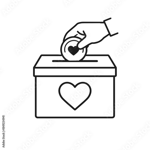 Line icon of a hand placing a coin with a heart symbol into a donation box, representing charity, generosity, and giving support to causes or people in need.