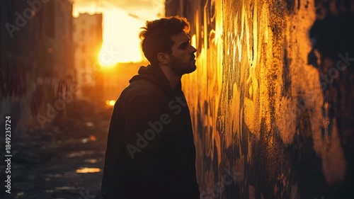 Depressed young man leaning against wall at sunset feeling lonely and stressed