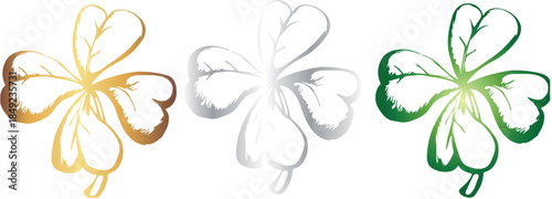 set of four-leaf clovers with different gradients in sketch style, for holiday designs, invitations, flyers or decorative frames
