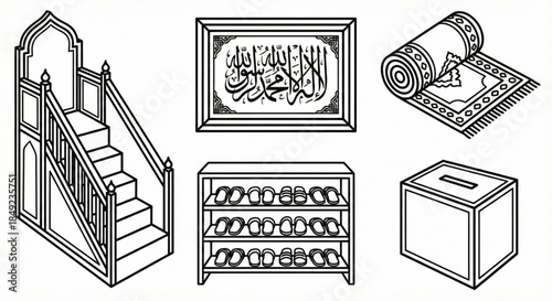Vector illustration depicting a compilation of traditional Islamic cultural and prayer items, including mosque elements, a prayer mat, shoe storage, and a charity box