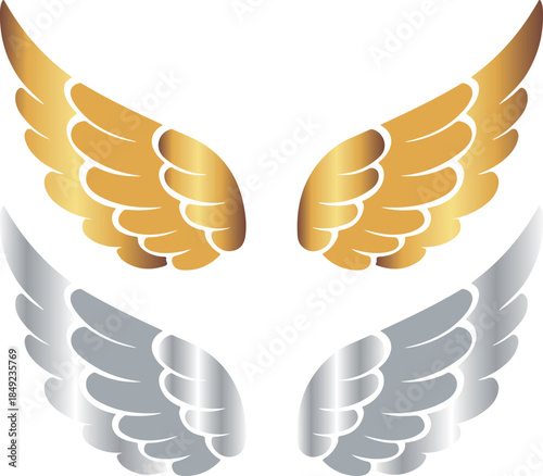 set of two pairs of cupid wings with gold and silver gradient, for holiday designs, invitations, flyers or decorative frames
