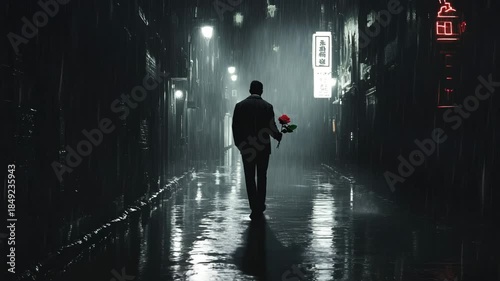 Lonely man holding red rose walking through rainy city alley at night