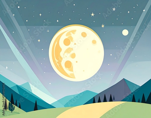 A stylized vector landscape with a large moon, hills, stars, and trees