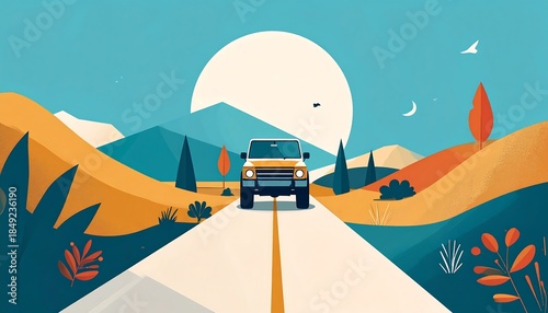 A stylized, vibrant illustration of a car driving down a road towards mountains under a large sun and blue sky