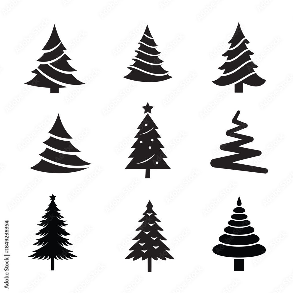Fototapeta premium A diverse collection of nine different stylized christmas tree icons silhouettes for holiday design