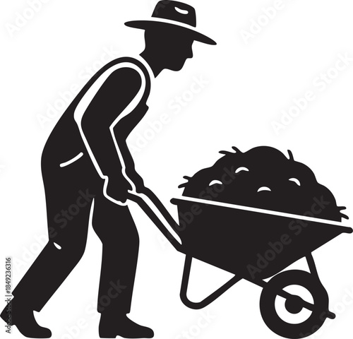 Farmer Pushing Wheelbarrow Hay Soil Agriculture Silhouettes isolated on white background