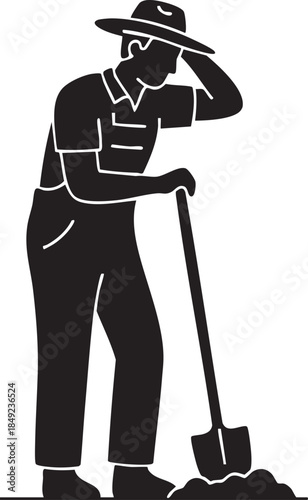 Farmer Resting Leaning on Shovel Wiping Sweat Silhouettes isolated on white background