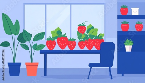 A flat-lay illustration of a room with strawberries on a table, potted plants, chair and a window