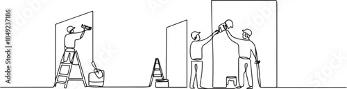 One continuous line drawing of People are doing painting activity work in building project vector illustration. one line Art icon drawing