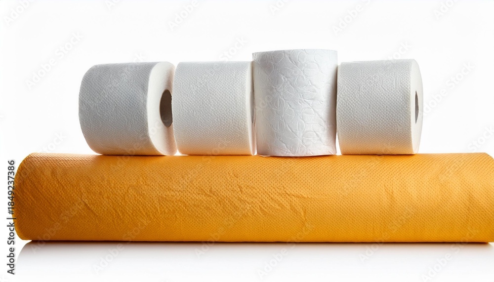 Fototapeta premium Toilet paper rolls and gold paper towel roll