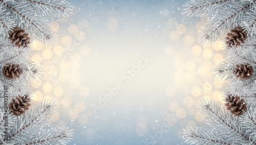 Winter Christmas Banner with Frosted Pine Cones and Golden Bokeh Lights on Blue Background Represents Natural Holiday Decoration, New Year Greeting, and Snowy Season