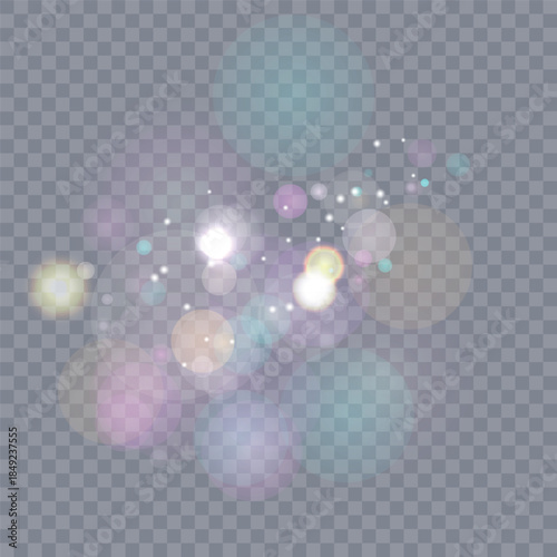 Sparkling glare light effects with colorful shimmer. Beautiful lens flare effect with bokeh, glittery particles and rays. Shining abstract background. Vector illustration