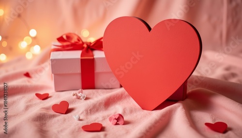 Red heart shape in front of gift box on soft pink fabric background  