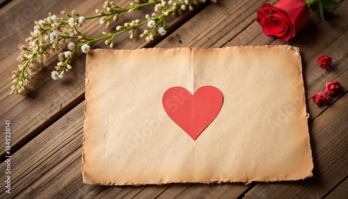 Vintage love letter with red heart and rose on wooden background  