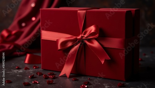 Elegant red gift box with ribbon and petals on dark background  