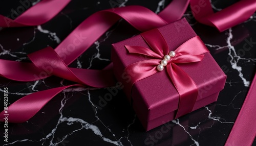 Elegant maroon gift box with pink ribbon on dark marble background  