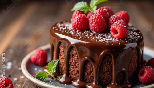 Chocolate cake topped with raspberries and mint leaves on wooden plate  