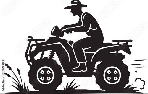 Farmer Riding Quad Bike ATV Agricultural Transport Silhouettes isolated on white background