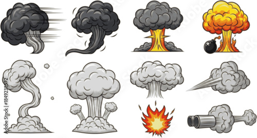 Explosive smoke cartoon clouds. Manga dark smoke puffs and swirling cloud. Bomb smoky explosions, dust and vapor steam for comic scene, fire blast effect and car exhaust. Vector isolated set