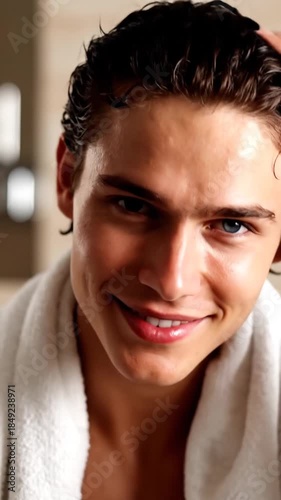 Close up portrait of a smiling person with wet hair and a white towel around the neck