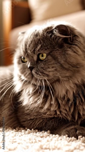 Close up portrait of a domestic cat with long fur soft texture and bright green eyes indoors