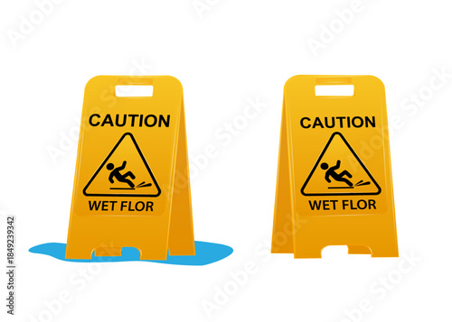 Wet floor caution sign. Public warning yellow symbol clipart. Slippery surface beware plastic board design element. Workplace safety. Vector