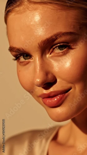 Close up portrait of a womans face showcasing natural beauty with vibrant skin and soft lighting