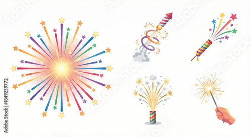 Collection of vibrant fireworks and celebratory pyrotechnics for festive occasions and events