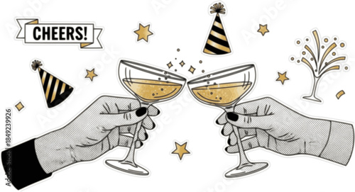 Halftone collage hands holding coupe champagne glasses with sparkling golden wine. Cheers, celebratory toast, cocktail party stickers. Modern retro vector illustration on transparent background