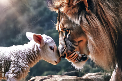 Lion and Lamb Touching Noses: Biblical Symbol of Peace and Harmony