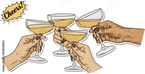 Halftone collage hands holding coupe champagne glasses with sparkling golden wine. Cheers, celebratory toast, cocktail party stickers. Modern retro vector illustration on transparent background