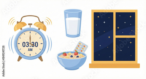 Morning Routine Essentials Alarm Clock, Breakfast Bowl, Glass of Milk, and Night Window