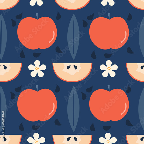 cute hand drawn colorful symmetrical seamless vector pattern illustration with red apples, leaves, seeds and white flowers on blue background