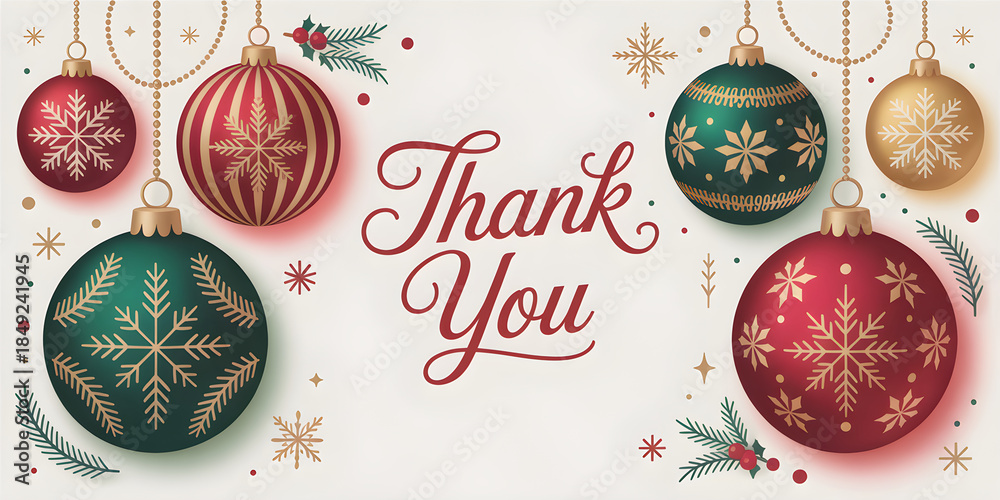 Naklejka premium Thank you christmas greeting card with festive ornaments and snowflakes