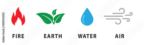 Four element icons with modern flat design representing fire, water, air, and earth in colorful circular frames, simple vector style for nature themes, environmental and educational graphics.