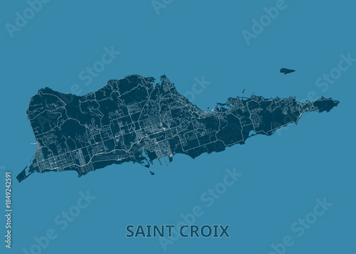 Map of Saint Croix island. The map is rendered in shades of blue, with the island itself in a darker blue and the surrounding water in a lighter blue.