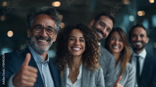 Smiling diverse business team standing in line and showing thumbs up in modern office