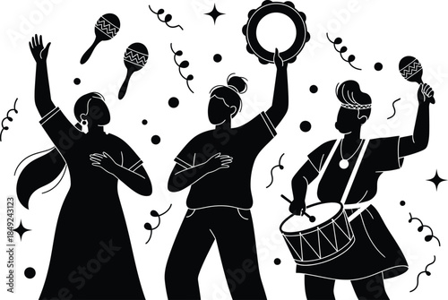 Silhouette of musicians playing instruments in a lively performance