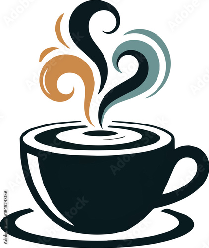 Dark blue coffee cup with swirling steam in orange and teal hot drink beverage