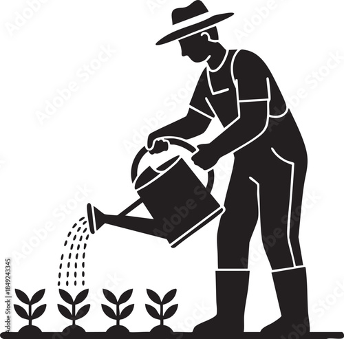 Farmer Watering Plants with Metal Can Irrigation Action Silhouettes isolated on white background