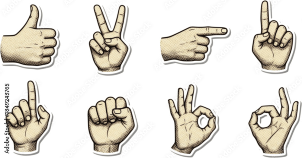 Fototapeta premium Cut out hand emoji gestures set. Various halftone hands signs vintage dotted stickers. Modern retro vector illustration for mixed media design, collage and scrapbook isolated on transparent background