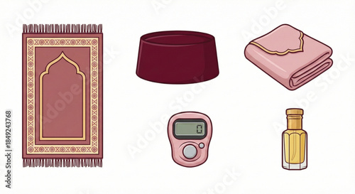 Essential Islamic Prayer Accessories Vector Set Featuring a Traditional Mat, Devotional Cap, Digital Tasbih Counter, and Aromatic Attar Oil for Spiritual Practices