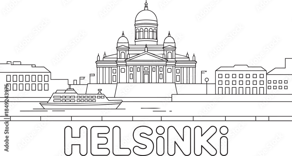 Fototapeta premium Helsinki skyline outline cityscape with famous cathedral and waterfront building landmark illustration