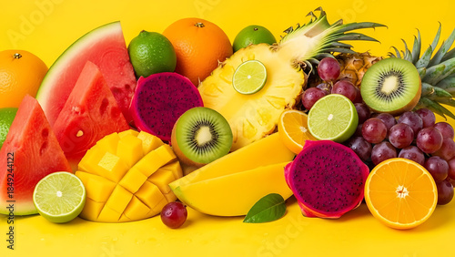 Fresh tropical fruits arranged on a bright background, juicy colors, summer freshness concept